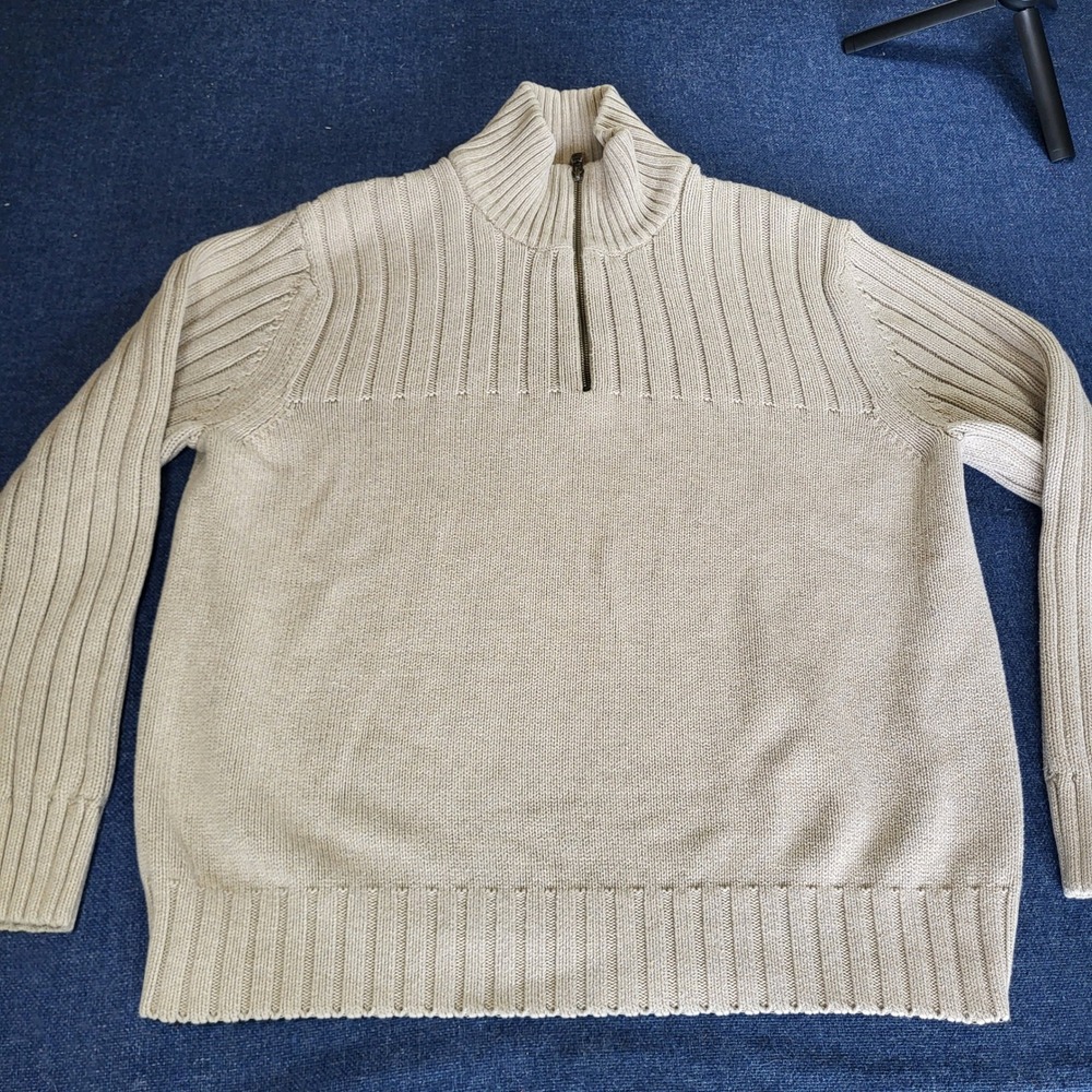 Eddie Bauer Sport Shop Large Beige Cotton Ribbed Quarter Zip Sweater Mock Neck